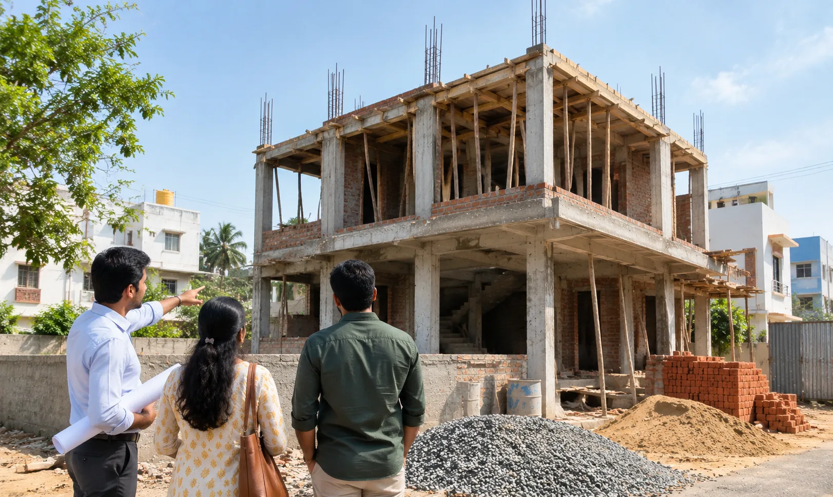 Homeowner and engineer reviewing house plans at a building site in Chennai
