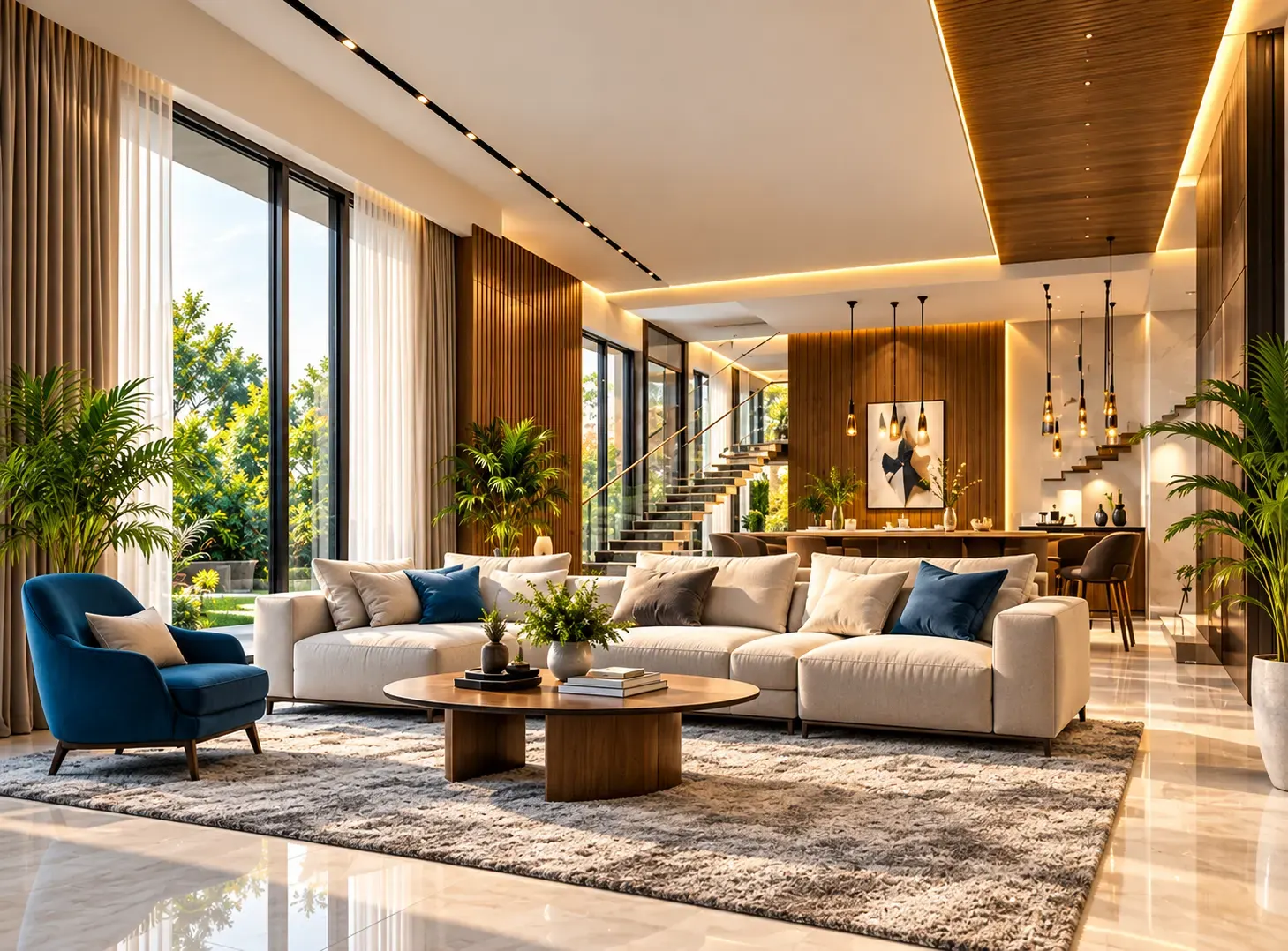 Warm living room interior with wooden panelling by Ramgee